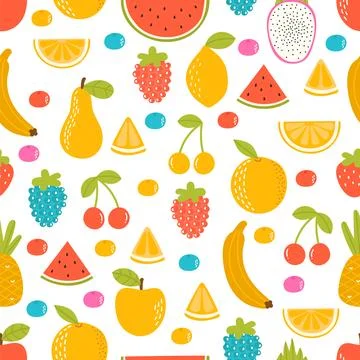 Seamless pattern with cartoon hand drawn fruit. Cute background. Summer tro.. Illustrazione stock