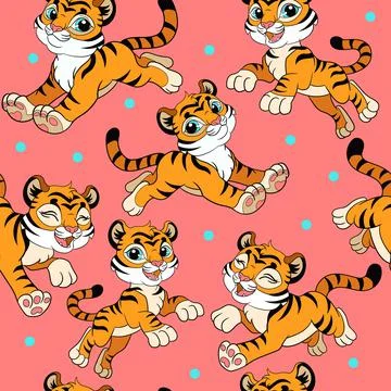 Seamless pattern with cartoon happy and cute tigers Stock Illustration