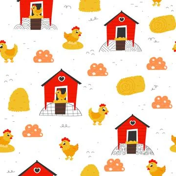 Seamless pattern with cartoon hens and houses with doodle elements in childis Stock Illustration