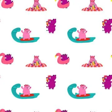 Seamless pattern with cartoon hippos enjoying summer on the beach Stock-Illustration