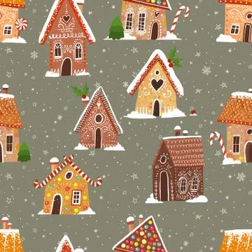 Seamless pattern with cartoon house gingerbread cookies. Can be used for wall Stock Illustration