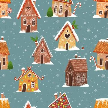 Seamless pattern with cartoon house gingerbread cookies. Can be used for wall Stock Illustration