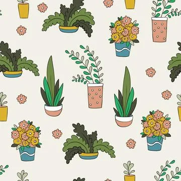 Seamless pattern with cartoon house plants vector backdrop Stock Illustration