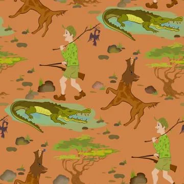 Seamless pattern with cartoon hunters, wolfs and alligators. Illustrazione stock
