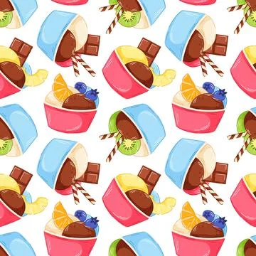 Seamless pattern of cartoon ice cream scoop in paper cup with orange fruit Illustrazione stock