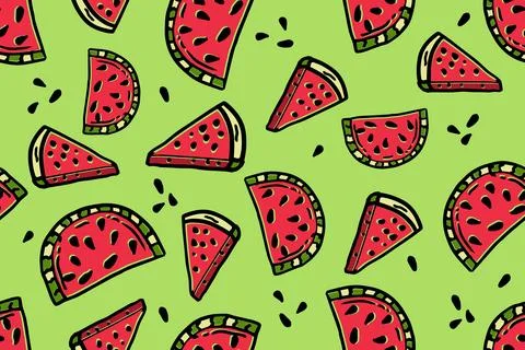 Seamless pattern cartoon Illustration of red watermelon slices on green Stock Illustration