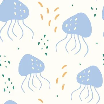 Seamless pattern with cartoon jellyfish. Flat vector cartoon textured illustr Stock Illustration