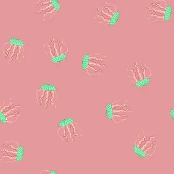 Seamless pattern cartoon jellyfish floating with green bell and pink tentacle Stock Illustration