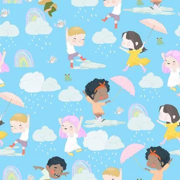 Seamless Pattern with Cartoon Kids having fun the Rain Stock Illustration