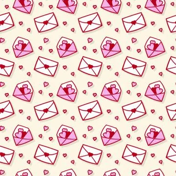 Seamless pattern with cartoon love envelopes and hearts. Vector template. Stock Illustration