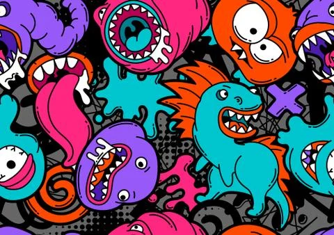 Seamless pattern with cartoon monsters. Stock Illustration