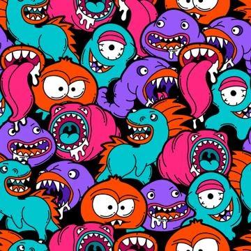 Seamless pattern with cartoon monsters. Illustrazione stock