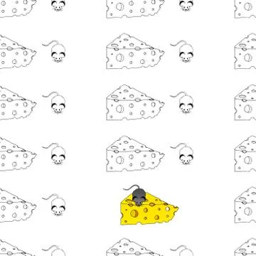 Seamless pattern with a cartoon mouse with a piece of cheese. Vector illustra Stock Illustration