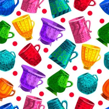 Seamless pattern with cartoon mugs. Illustration with cooking utensils. Stock Illustration