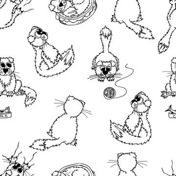 Seamless pattern with cartoon multicolored fold cats in different poses. Stock Illustration
