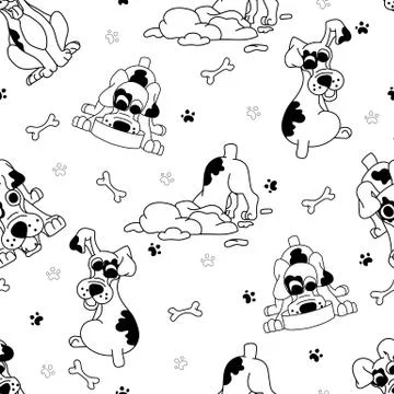 Seamless pattern with cartoon multicolored fold dog in different poses. Stock Illustration