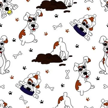 Seamless pattern with cartoon multicolored fold dog in different poses. Stock Illustration