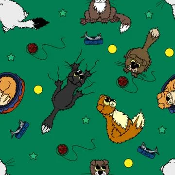 Seamless pattern with cartoon multicolored fold cats in different poses. Stock Illustration