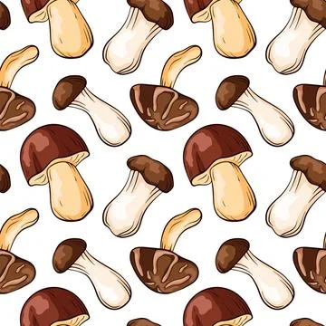 Seamless pattern with cartoon mushroom on white background. Boletus, Trumpet Stock Illustration