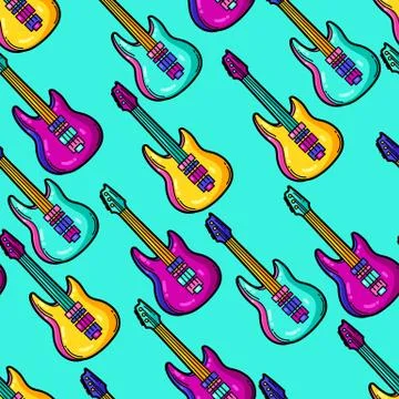 Seamless pattern with cartoon musical electric guitars. Illustrazione stock