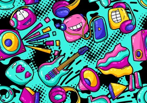 Seamless pattern with cartoon musical items. Illustrazione stock