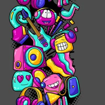 Seamless pattern with cartoon musical items. Illustrazione stock
