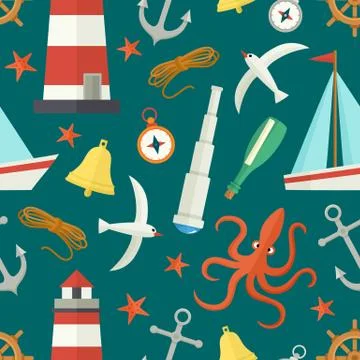 Seamless pattern with cartoon nautical elements Stock Illustration