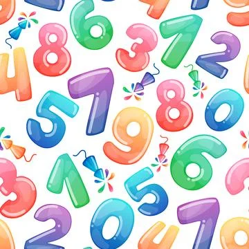 Seamless pattern with cartoon numbers and fireworks. Rainbow candy and glos.. Stock Illustration