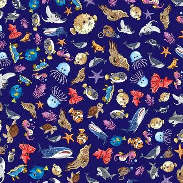 Seamless Pattern of Cartoon Ocean Animals and Sea Creatures Illustrazione stock