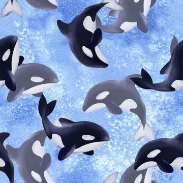 Seamless pattern with cartoon orcas Stock Illustration
