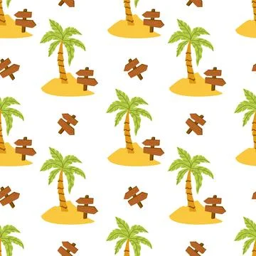 Seamless pattern with cartoon palm trees and wooden signs on desert islands 库存插图