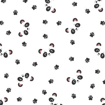 Seamless pattern with cartoon panda and footprint. Colorful vector for kids Stock Illustration