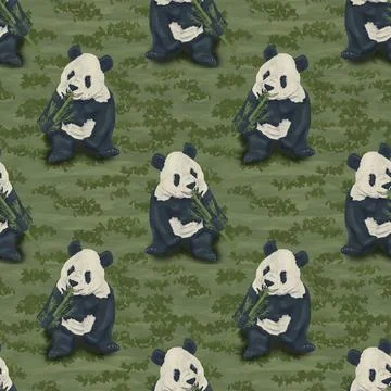 Seamless pattern with cartoon panda bears eating and watercolor texture Stock Illustration