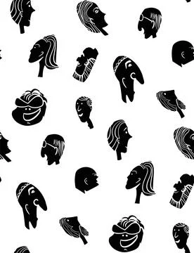 Seamless pattern with cartoon people faces in black and white color Stock Illustration
