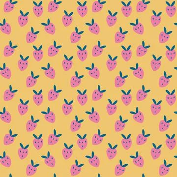 Seamless pattern with cartoon pink strawberries. Yellow background, ripe stra Stock Illustration
