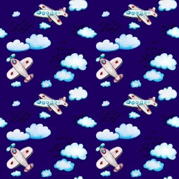 Seamless pattern with cartoon planes. Stock Illustration