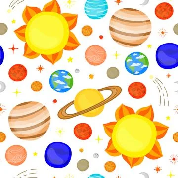 Seamless pattern with cartoon planets. Stock Illustration
