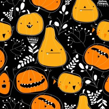Seamless pattern with cartoon pumpkins on black background Stock Illustration