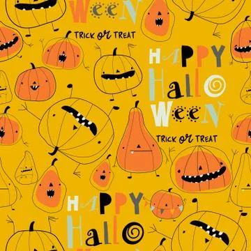 Seamless pattern with cartoon pumpkins on yellow background Stock Illustration