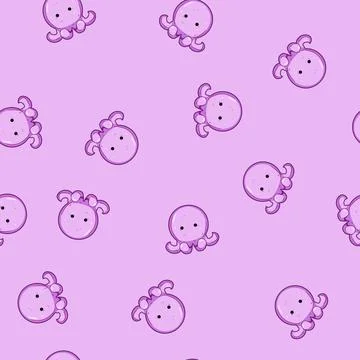 Seamless pattern Cartoon purple octopus character on white background Illustrazione stock