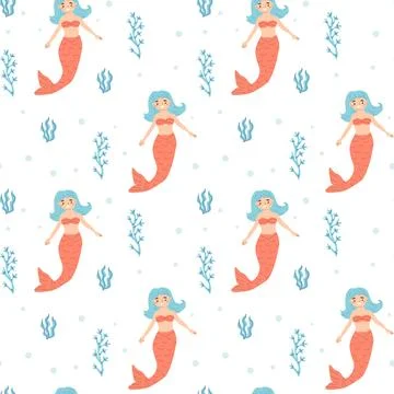 Seamless pattern of cartoon red-tailed mermaids with seaweed and bubbles 스톡 일러스트