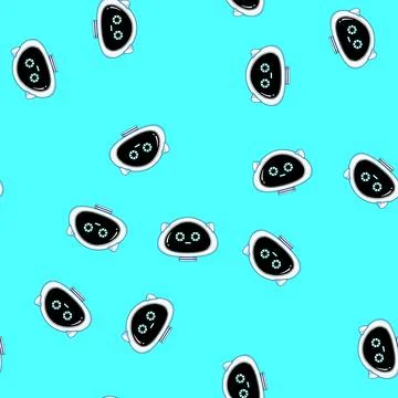 Seamless pattern Cartoon robot head character with blue glowing eyes Stock Illustration