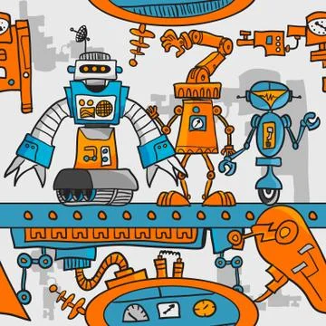 Seamless pattern cartoon robots on the assembly line Stock Illustration