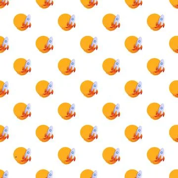 Seamless pattern of cartoon rockets launching toward bright orange suns Stock Illustration