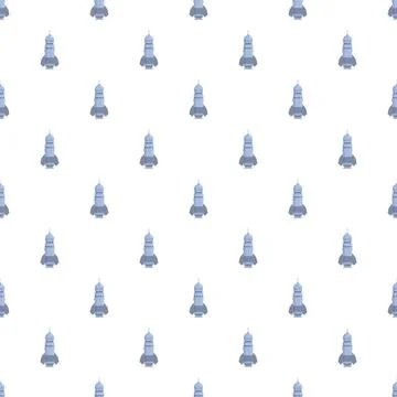 Seamless pattern with cartoon rockets standing on white background Stock Illustration