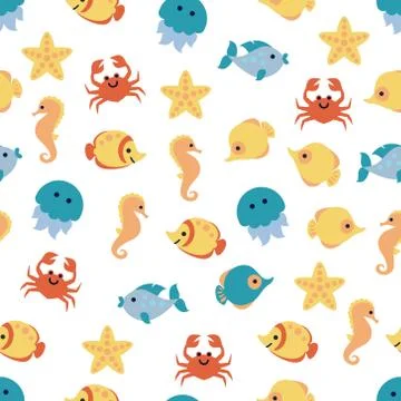 Seamless pattern with cartoon sea animals on white background Stock Illustration