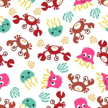 Seamless pattern of Cartoon sea animals. Cute funny crab and jellyfish. Can.. Stock Illustration