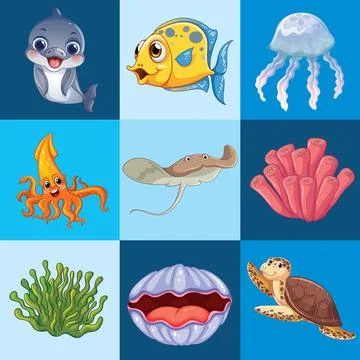 Seamless Pattern of Cartoon Sea Animals and Marine Life Icons Иллюстрация