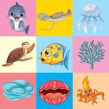 Seamless Pattern of Cartoon Sea Creatures and Marine Life Icons Stock Illustration