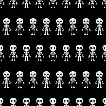 Seamless pattern with cartoon skeletons on black background. Stock Illustration